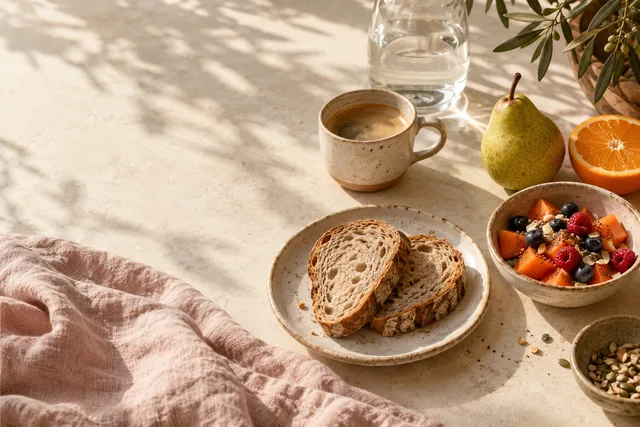 Frutas, pão e café sobre uma mesa com linho rosado